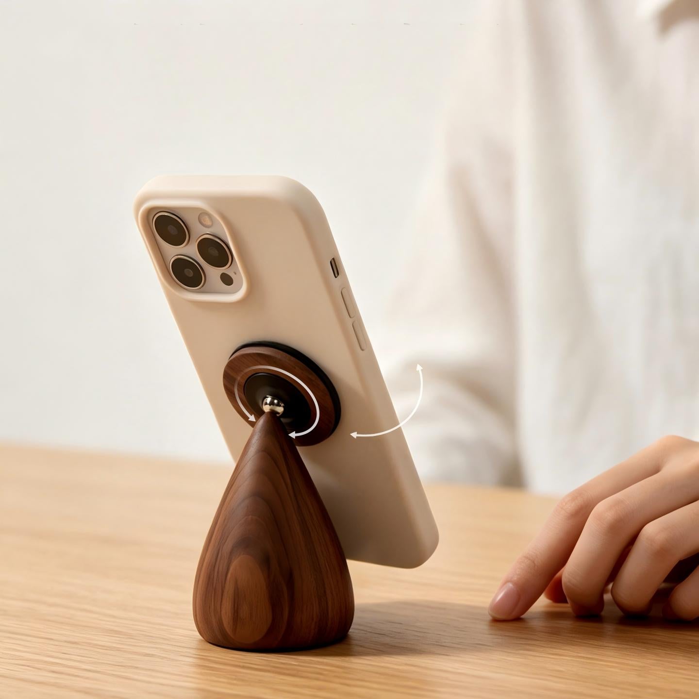 Black Walnut Magnetic Phone Stand | 360° Rotate + 300° Tilt | Solid Wood Desk Phone Holder | Engravable