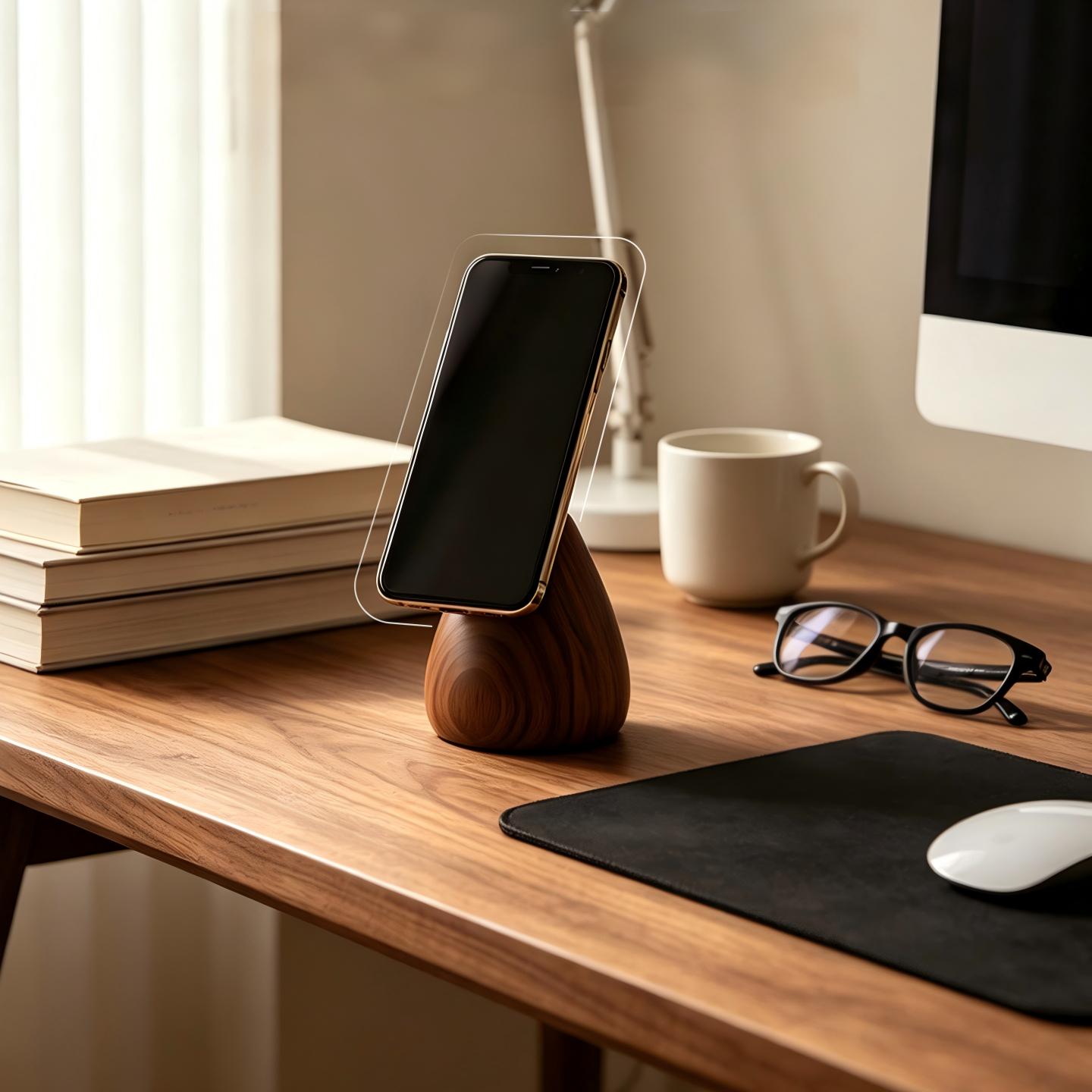 Black Walnut Magnetic Phone Stand | 360° Rotate + 300° Tilt | Solid Wood Desk Phone Holder | Engravable