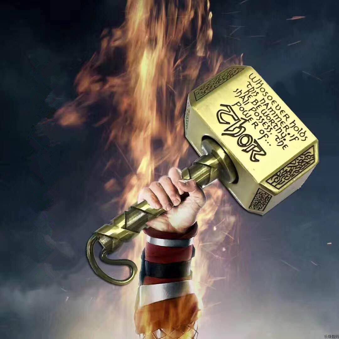 Thor's hammer held aloft, surrounded by flames, embodying power and mythical strength.