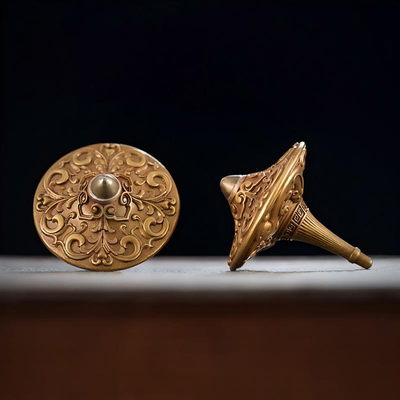 Brass Spinning Top | Premium Metal Fidget Toy | Stress Relief Desktop Gift displayed against a dark background.