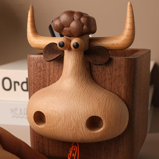 Bull Walnut Pen Holder | Black Walnut & Beech Wood Desk Organizer | Engravable Cute Desk Decor