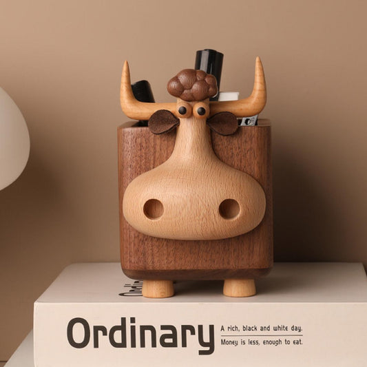 Bull Walnut Pen Holder | Black Walnut & Beech Wood Desk Organizer | Engravable Cute Desk Decor