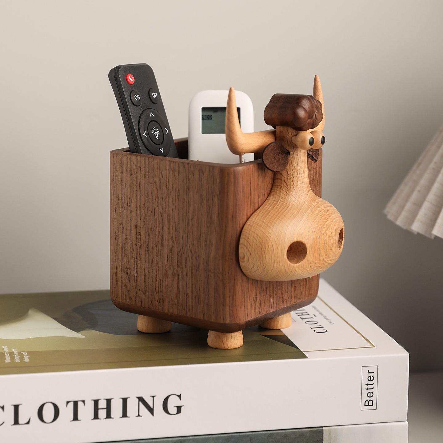 Bull Walnut Pen Holder | Black Walnut & Beech Wood Desk Organizer | Engravable Cute Desk Decor