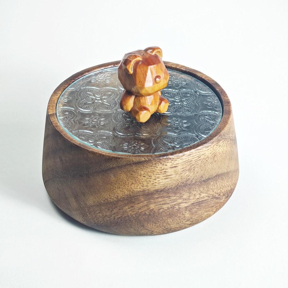 Carved Bear Walnut Wood Trinket Box | Solid Walnut & Embossed Glass Lid | Engravable Desk Decor