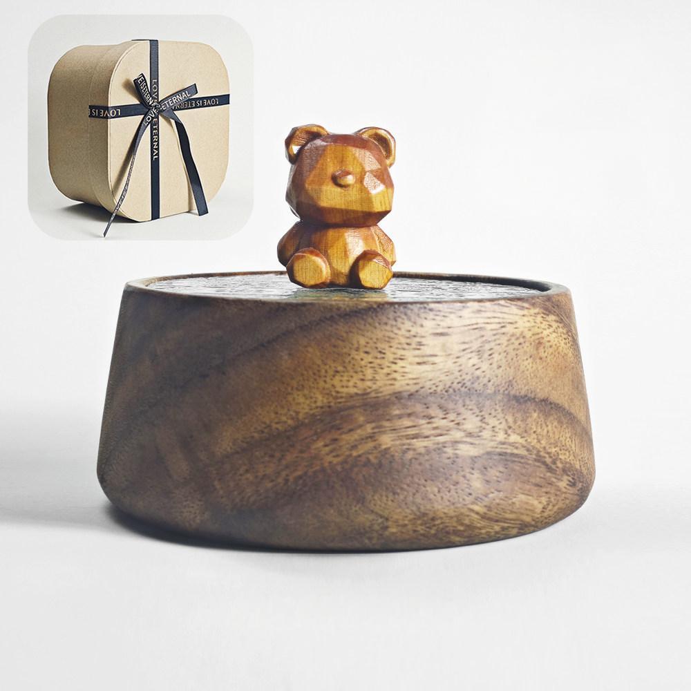 Carved Bear Walnut Wood Trinket Box | Solid Walnut & Embossed Glass Lid | Engravable Desk Decor