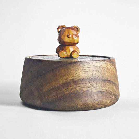 Carved Bear Walnut Wood Trinket Box | Solid Walnut & Embossed Glass Lid | Engravable Desk Decor