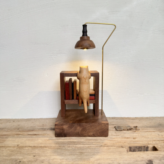 Carved Cat Miniature Library Night Light | Multi-Wood Inlay Desk Sculpture | Battery-Powered Warm Glow