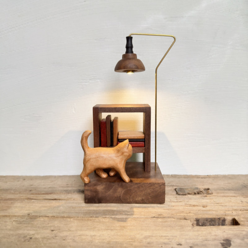 Carved Cat Miniature Library Night Light | Multi-Wood Inlay Desk Sculpture | Battery-Powered Warm Glow