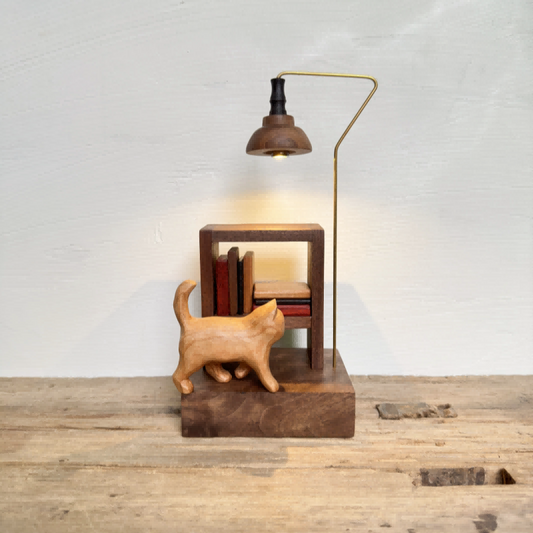 Carved Cat Miniature Library Night Light | Multi-Wood Inlay Desk Sculpture | Battery-Powered Warm Glow