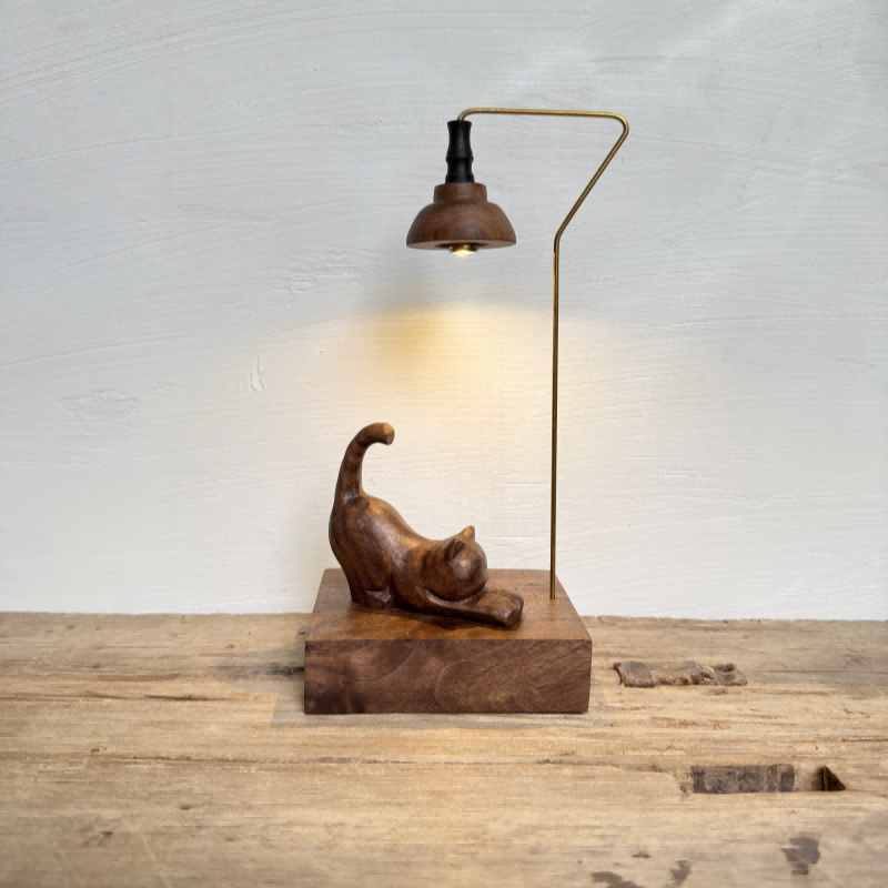 Carved Cat Miniature Library Night Light | Multi-Wood Inlay Desk Sculpture | Battery-Powered Warm Glow