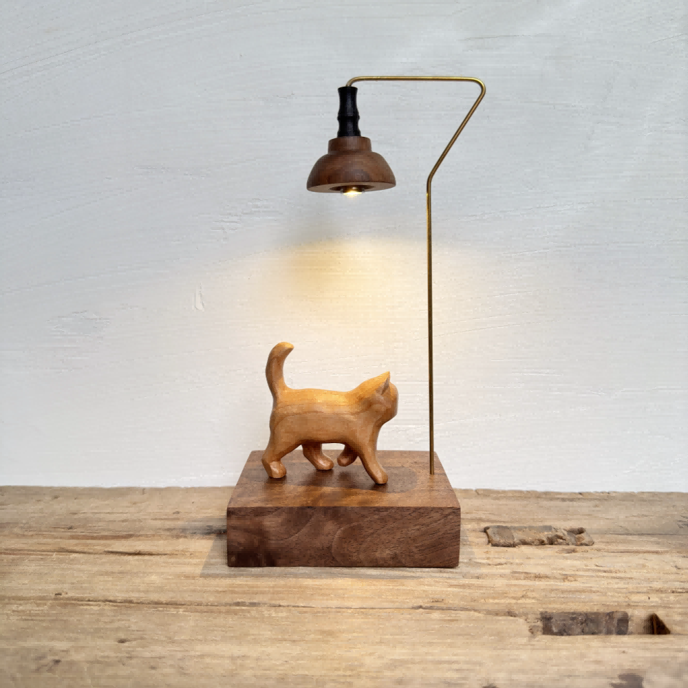 Carved Cat Miniature Library Night Light | Multi-Wood Inlay Desk Sculpture | Battery-Powered Warm Glow