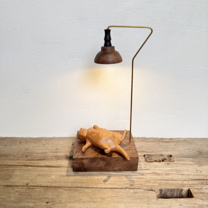 Carved Cat Miniature Library Night Light | Multi-Wood Inlay Desk Sculpture | Battery-Powered Warm Glow