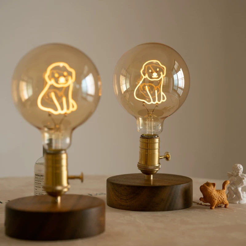 Cat & Dog Filament Table Lamp | Solid Wood & Brass, Dimmable