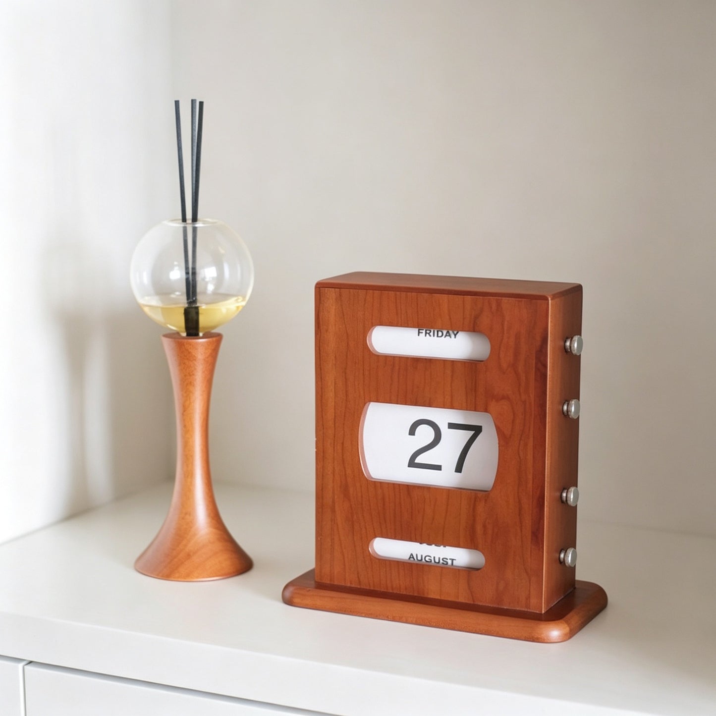 Cherry Wood Rotary Knob Perpetual Calendar | Desk Calendar | Knob-Scroll Date Display | Engravable