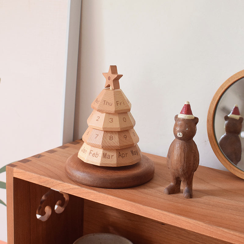 Christmas Tree Perpetual Calendar - Handcrafted Wood Desktop Ornament with Custom Base