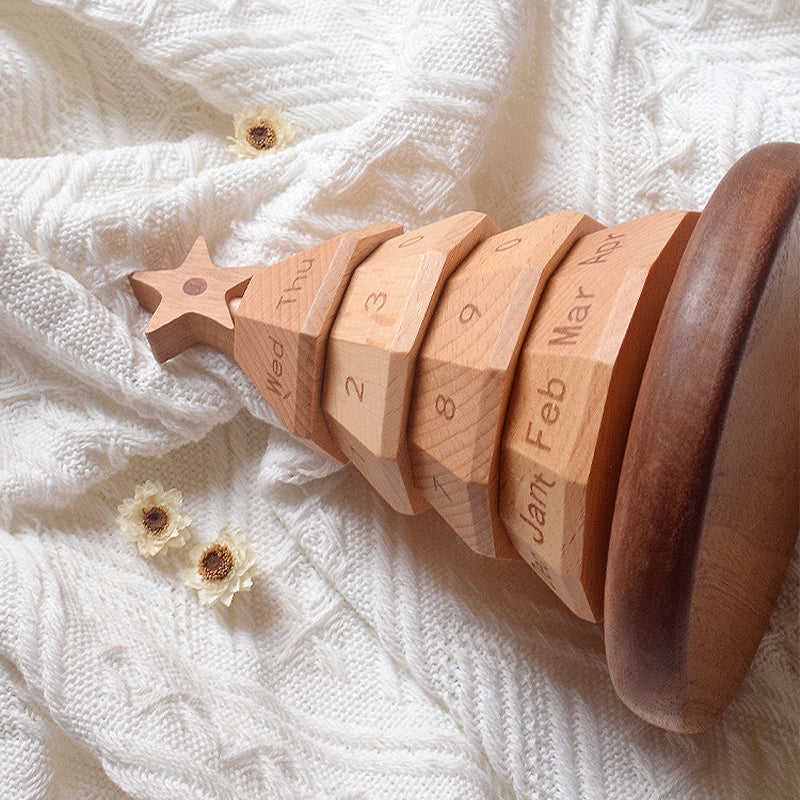 Christmas Tree Perpetual Calendar - Handcrafted Wood Desktop Ornament with Custom Base