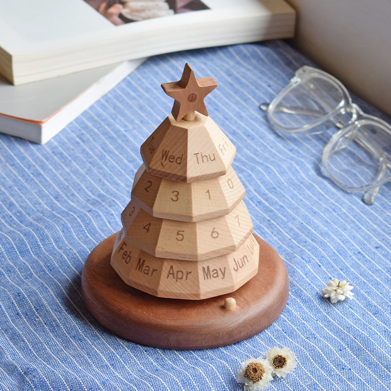 Christmas Tree Perpetual Calendar - Handcrafted Wood Desktop Ornament with Custom Base