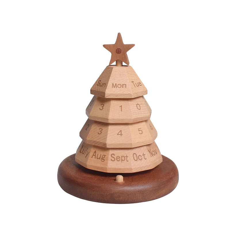 Christmas Tree Perpetual Calendar - Handcrafted Wood Desktop Ornament with Custom Base