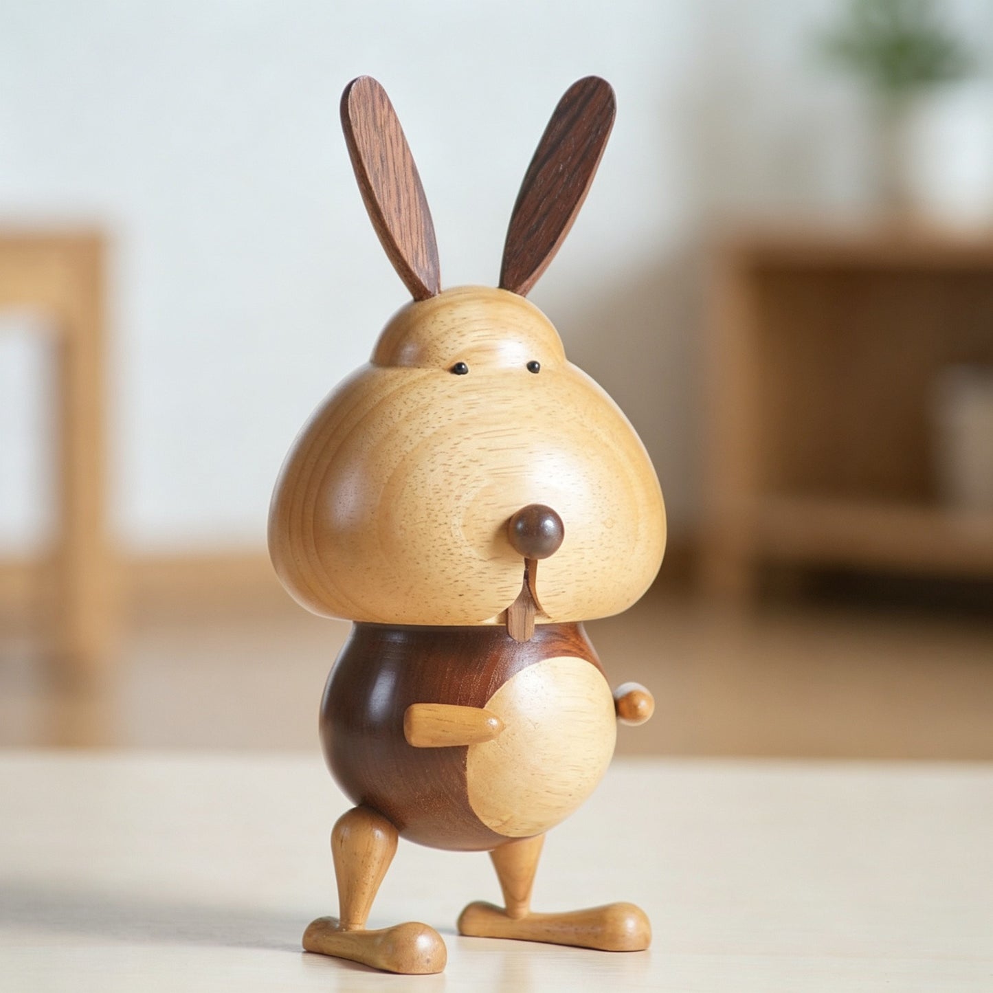 Chubby Rabbit Figure Music Box | Two-Tone Solid Wood | Wind-Up Mechanical | 3 Songs | Engravable