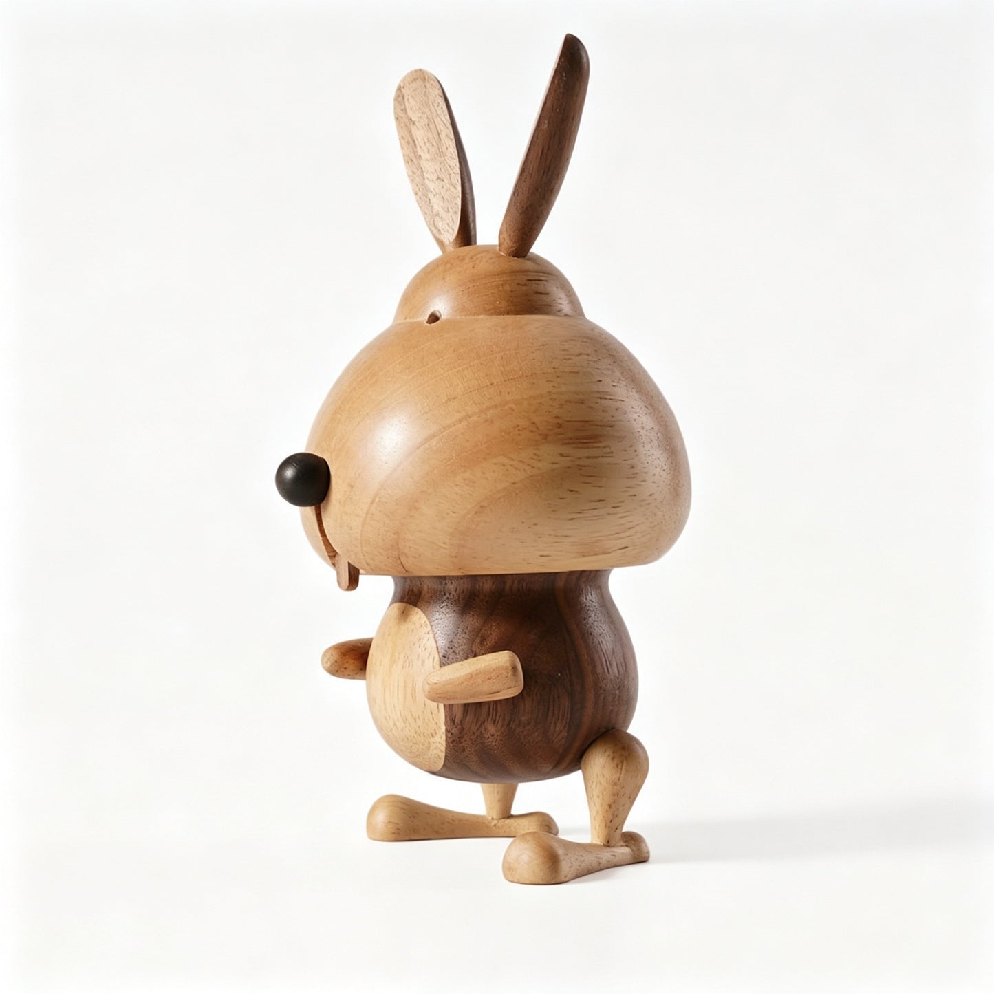 Chubby Rabbit Figure Music Box | Two-Tone Solid Wood | Wind-Up Mechanical | 3 Songs | Engravable