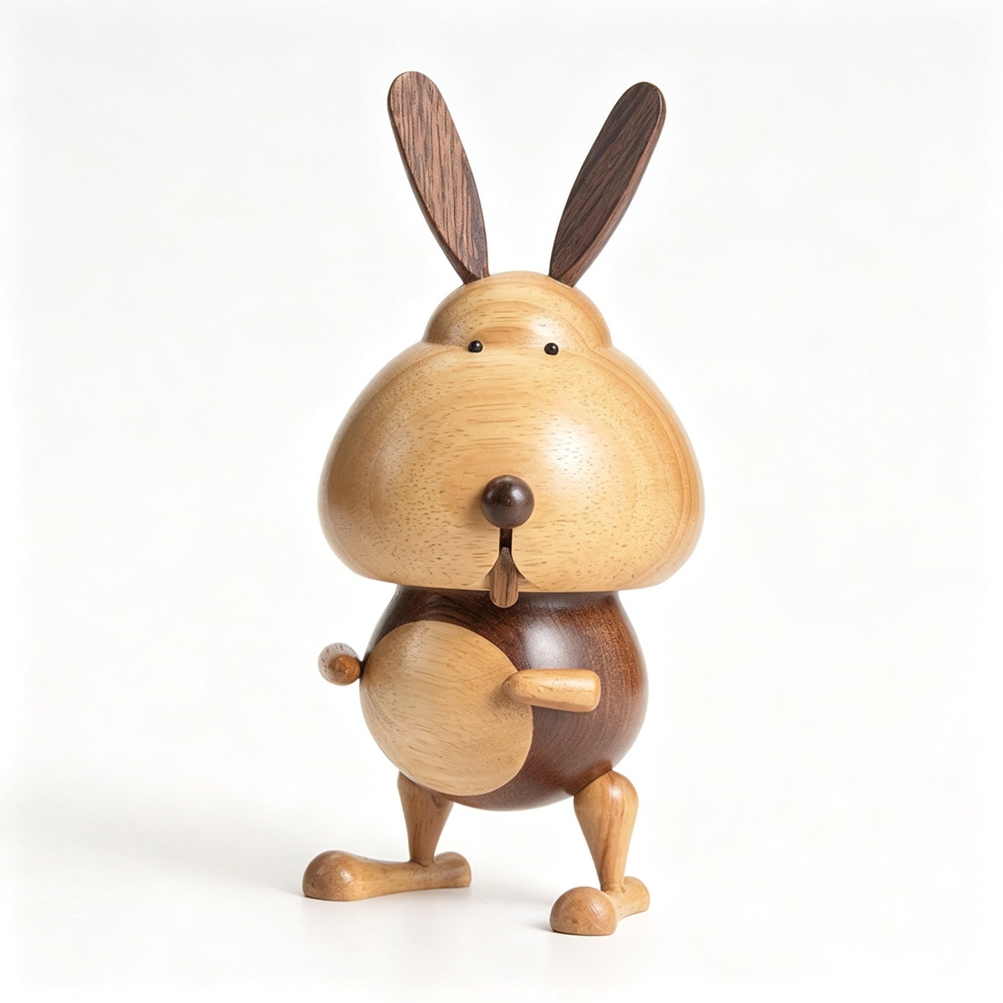 Chubby Rabbit Figure Music Box | Two-Tone Solid Wood | Wind-Up Mechanical | 3 Songs | Engravable