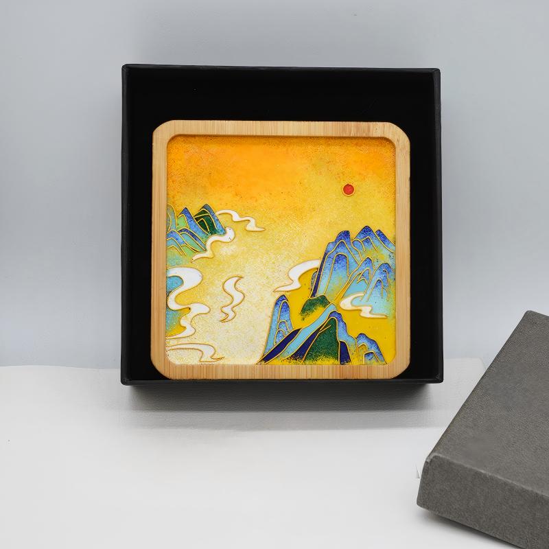 Cloisonné Enamel Landscape Painting, Handcrafted Sunset Beach Art, Lucky Charm Gift