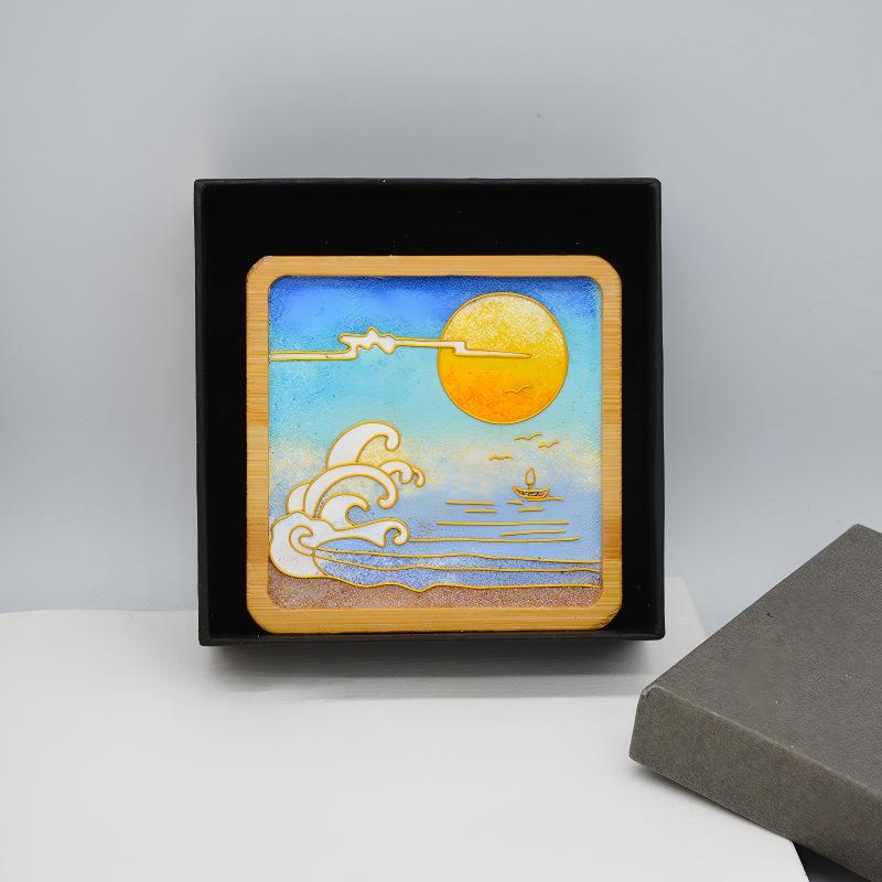 Cloisonné Enamel Landscape Painting, Handcrafted Sunset Beach Art, Lucky Charm Gift