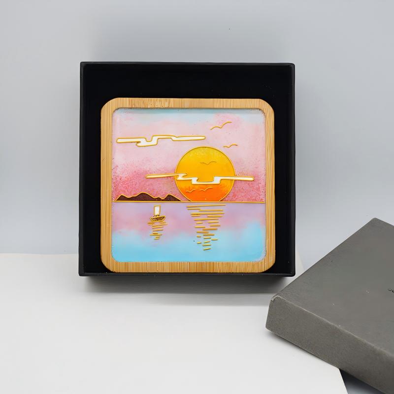 Cloisonné Enamel Landscape Painting, Handcrafted Sunset Beach Art, Lucky Charm Gift