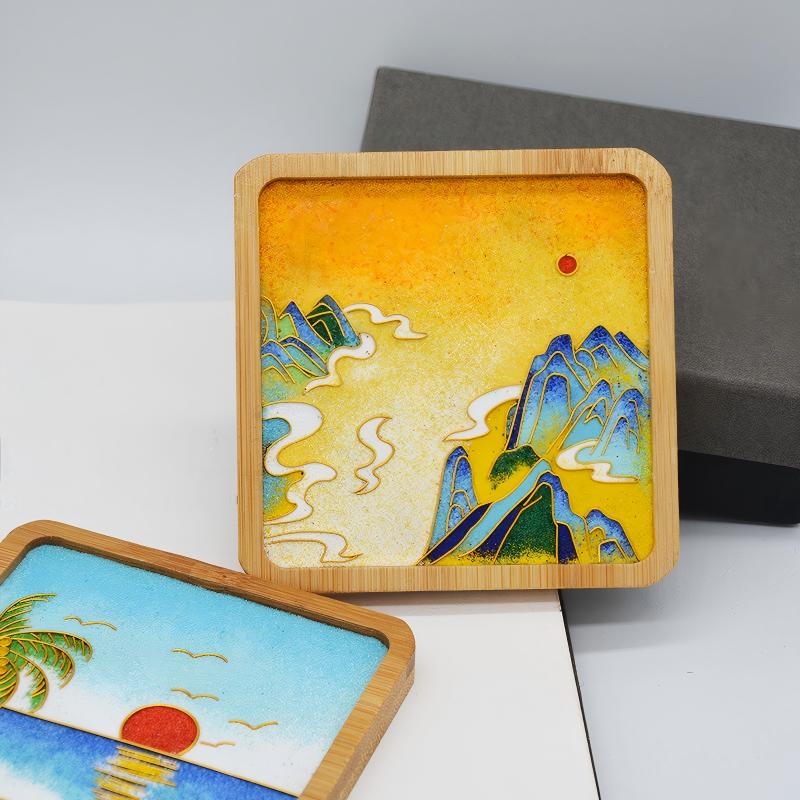 Cloisonné Enamel Landscape Painting, Handcrafted Sunset Beach Art, Lucky Charm Gift