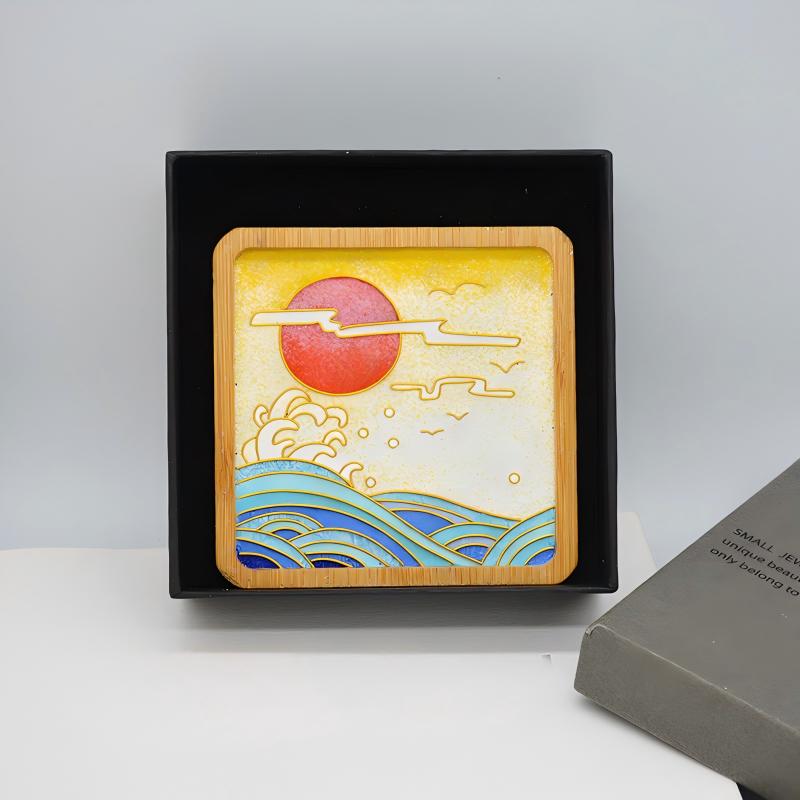 Cloisonné Enamel Landscape Painting, Handcrafted Sunset Beach Art, Lucky Charm Gift