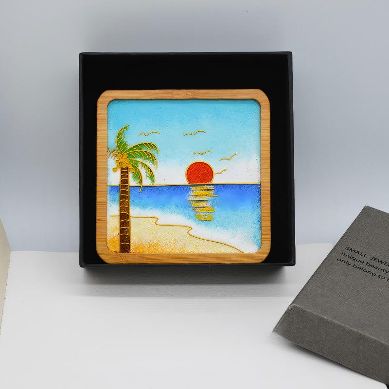Cloisonné Enamel Landscape Painting, Handcrafted Sunset Beach Art, Lucky Charm Gift