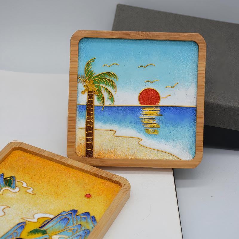 Cloisonné Enamel Landscape Painting, Handcrafted Sunset Beach Art, Lucky Charm Gift