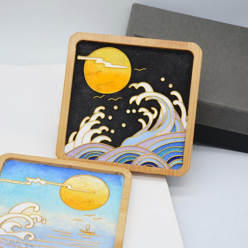 Cloisonné Enamel Landscape Painting, Handcrafted Sunset Beach Art, Lucky Charm Gift