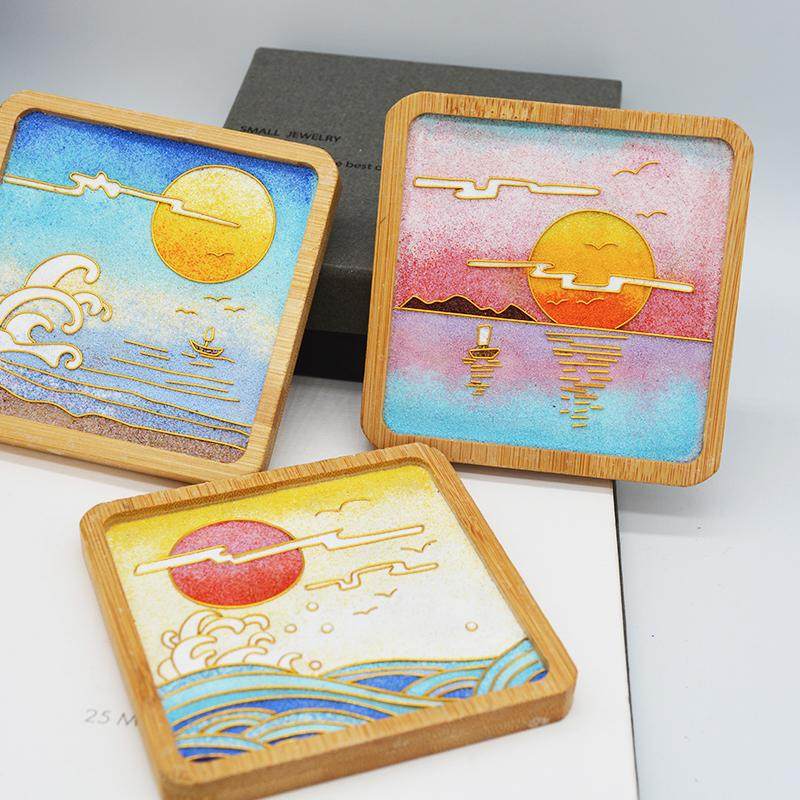 Cloisonné Enamel Landscape Painting, Handcrafted Sunset Beach Art, Lucky Charm Gift