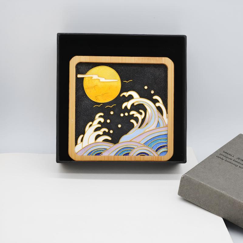 Cloisonné Enamel Landscape Painting, Handcrafted Sunset Beach Art, Lucky Charm Gift