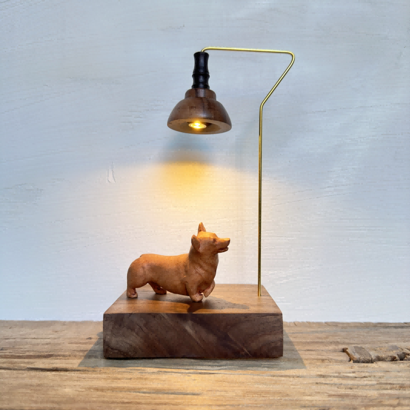 Corgi Wood Night Light | Black Walnut & Rosewood Desk Sculpture | Engravable Battery-Powered Decor