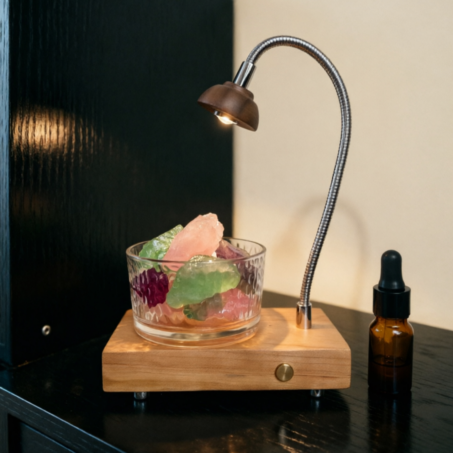 Crystal Stone Essential Oil Warmer Night Light | Walnut & Rosewood Shade | Engravable Wood Desk Decor