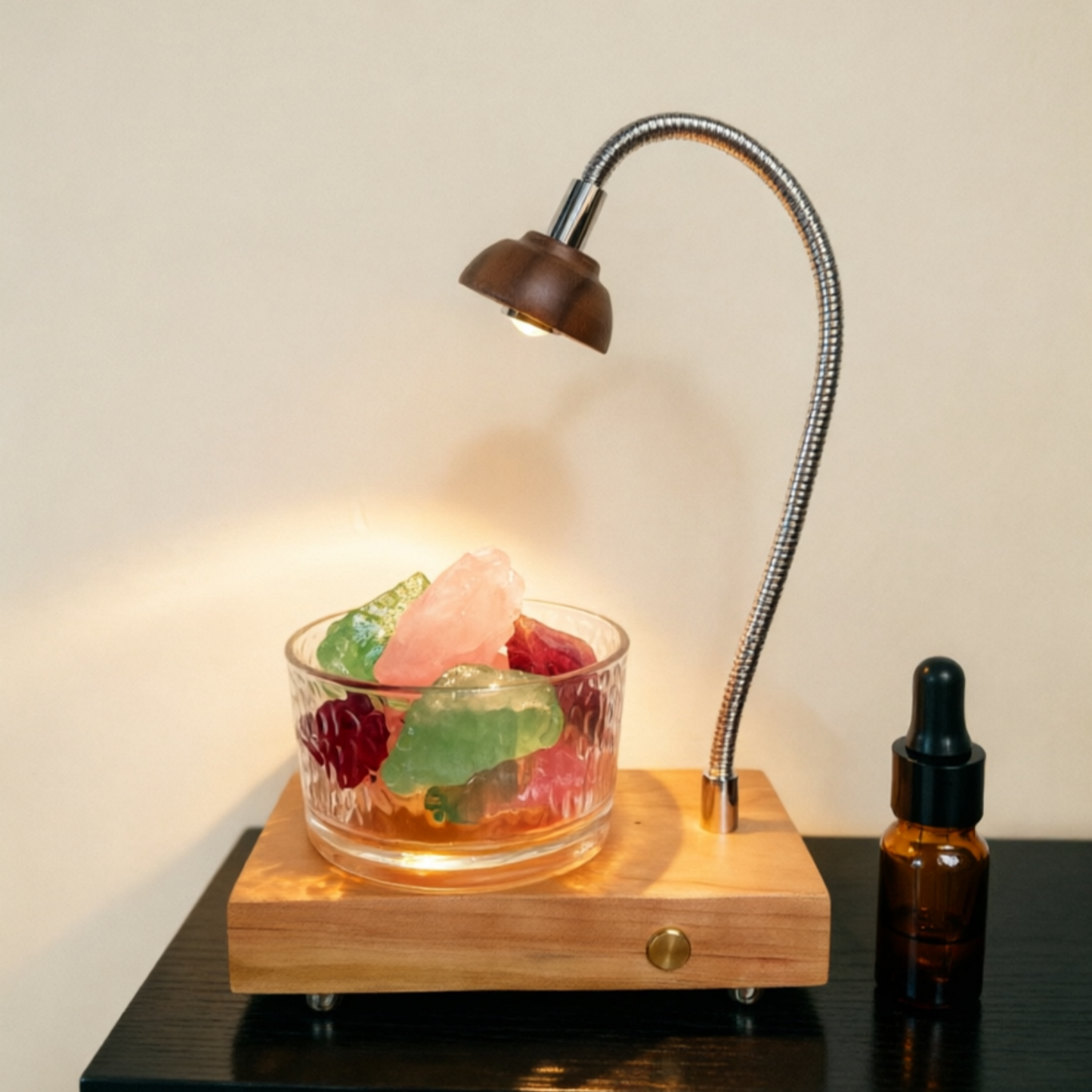 Crystal Stone Essential Oil Warmer Night Light | Walnut & Rosewood Shade | Engravable Wood Desk Decor