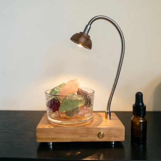 Crystal Stone Essential Oil Warmer Night Light | Walnut & Rosewood Shade | Engravable Wood Desk Decor