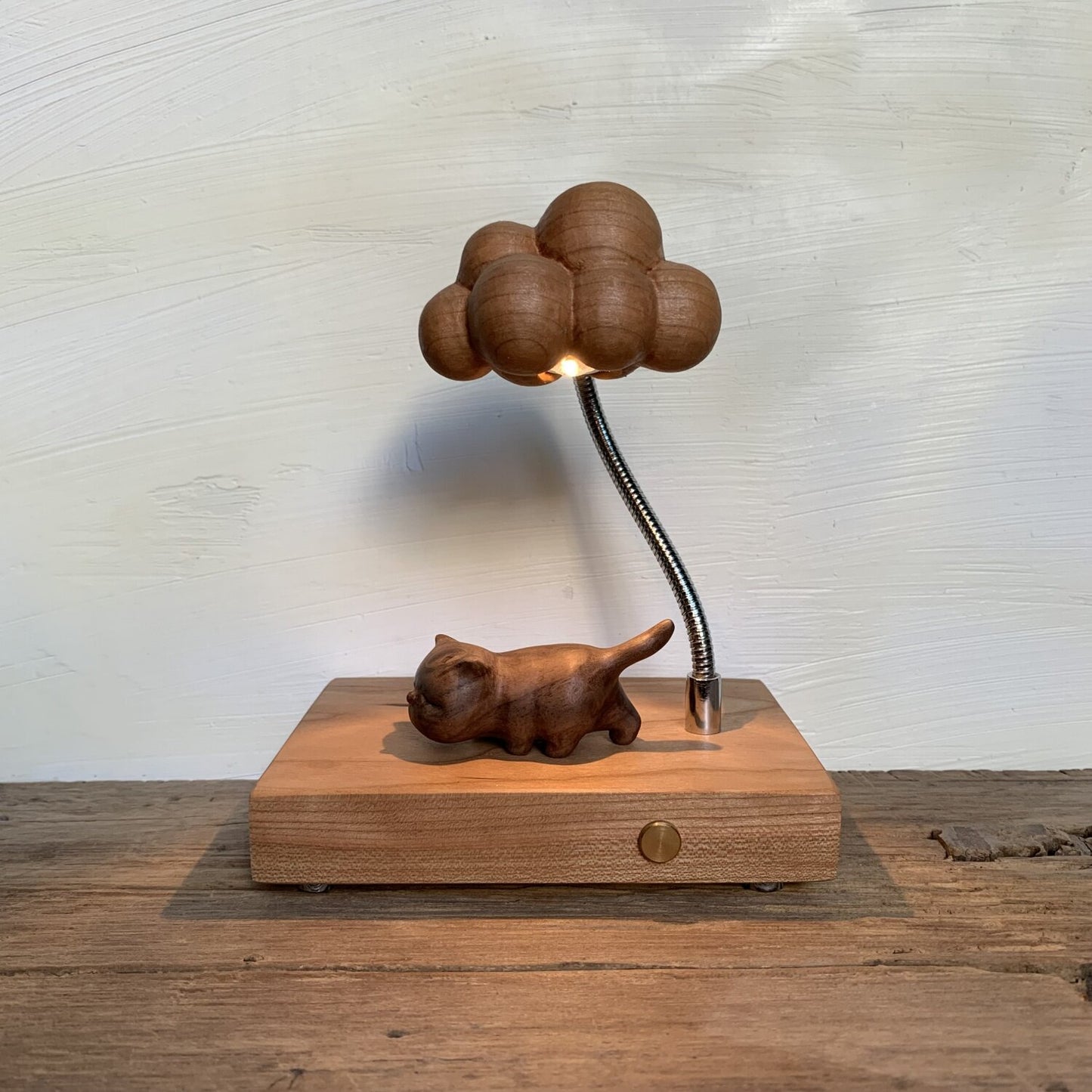 Curious Cat Wood Night Light | Lattice Globe Shade & Gooseneck Lamp | Engravable Rechargeable Desk Decor