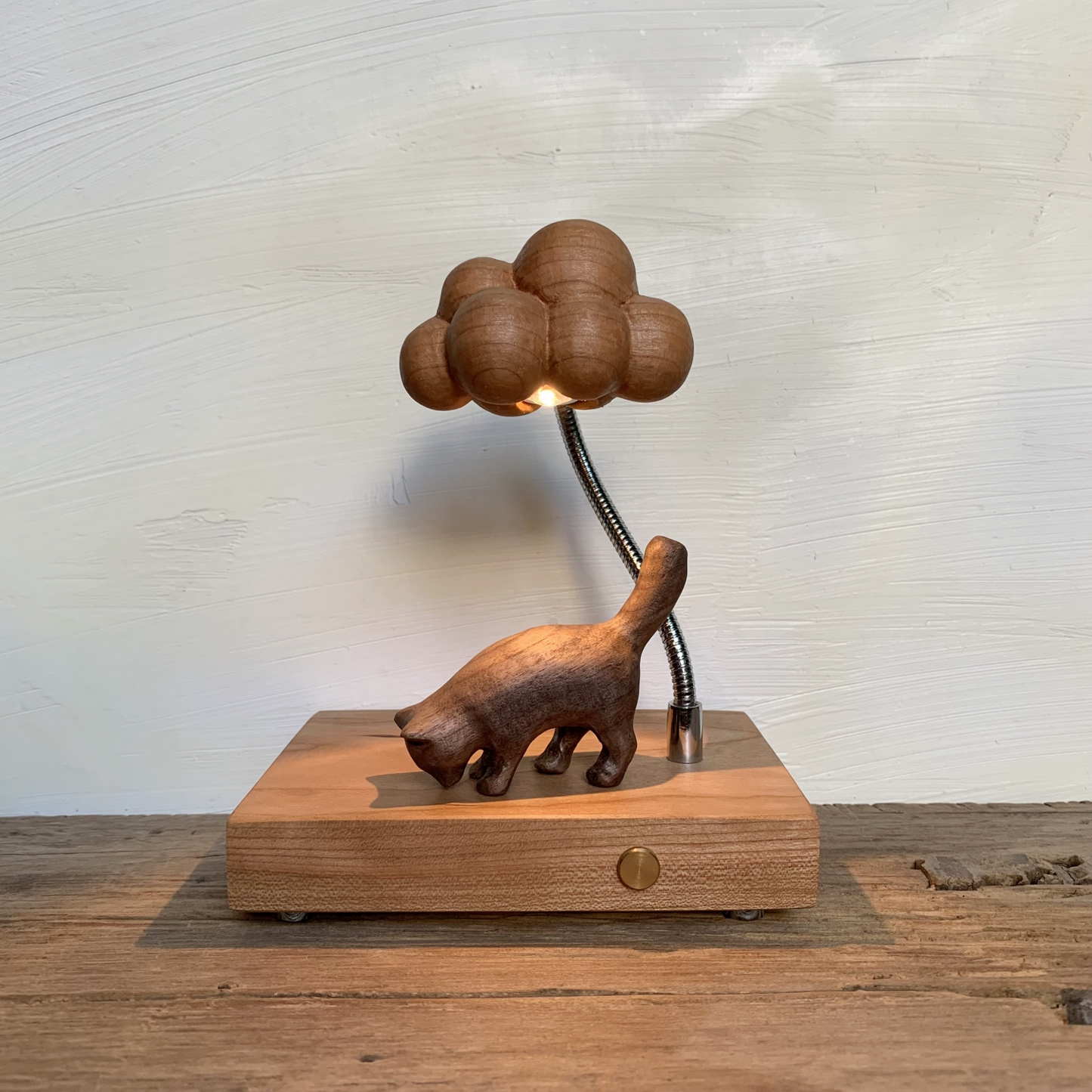 Curious Cat Wood Night Light | Lattice Globe Shade & Gooseneck Lamp | Engravable Rechargeable Desk Decor