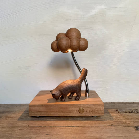Curious Cat Wood Night Light | Lattice Globe Shade & Gooseneck Lamp | Engravable Rechargeable Desk Decor