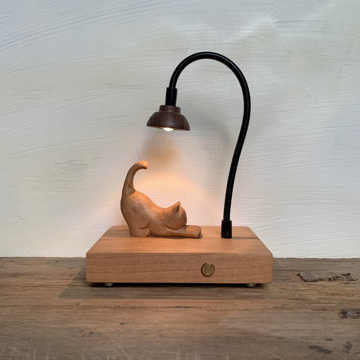 Curious Cat Wood Night Light | Lattice Globe Shade & Gooseneck Lamp | Engravable Rechargeable Desk Decor