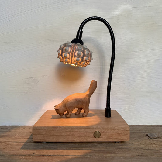 Curious Cat Wood Night Light | Lattice Globe Shade & Gooseneck Lamp | Engravable Rechargeable Desk Decor