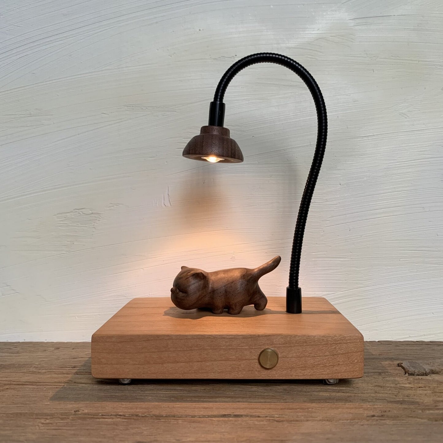 Curious Cat Wood Night Light | Lattice Globe Shade & Gooseneck Lamp | Engravable Rechargeable Desk Decor