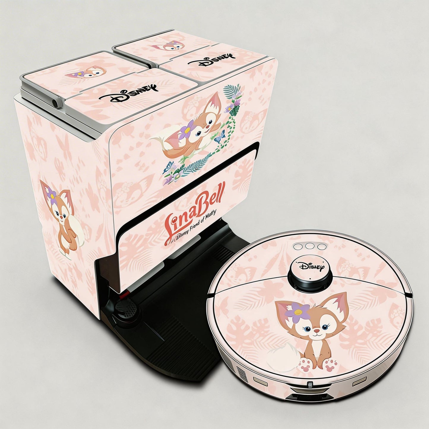 Pink and black robot vacuum cleaner with Disney character design on a light gray background