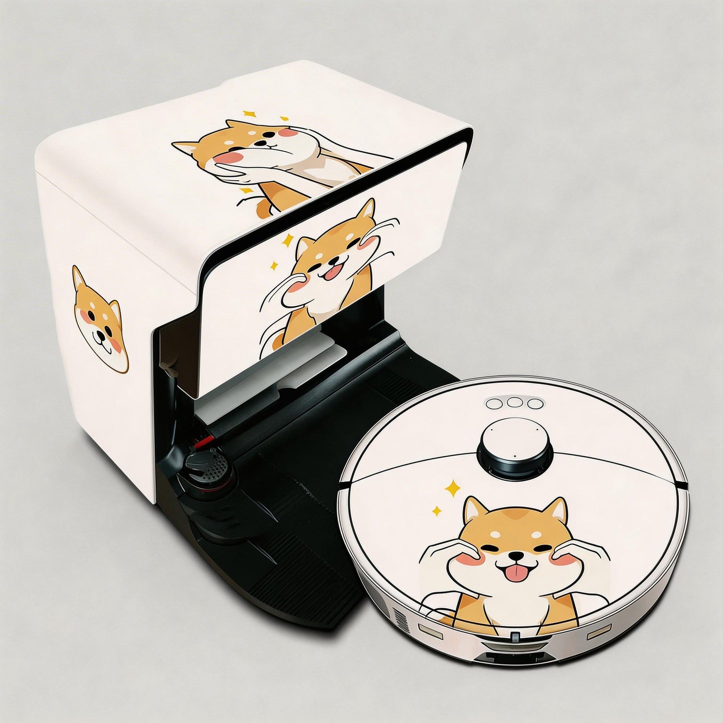Robotic vacuum cleaner with cartoon dog design on a gray background