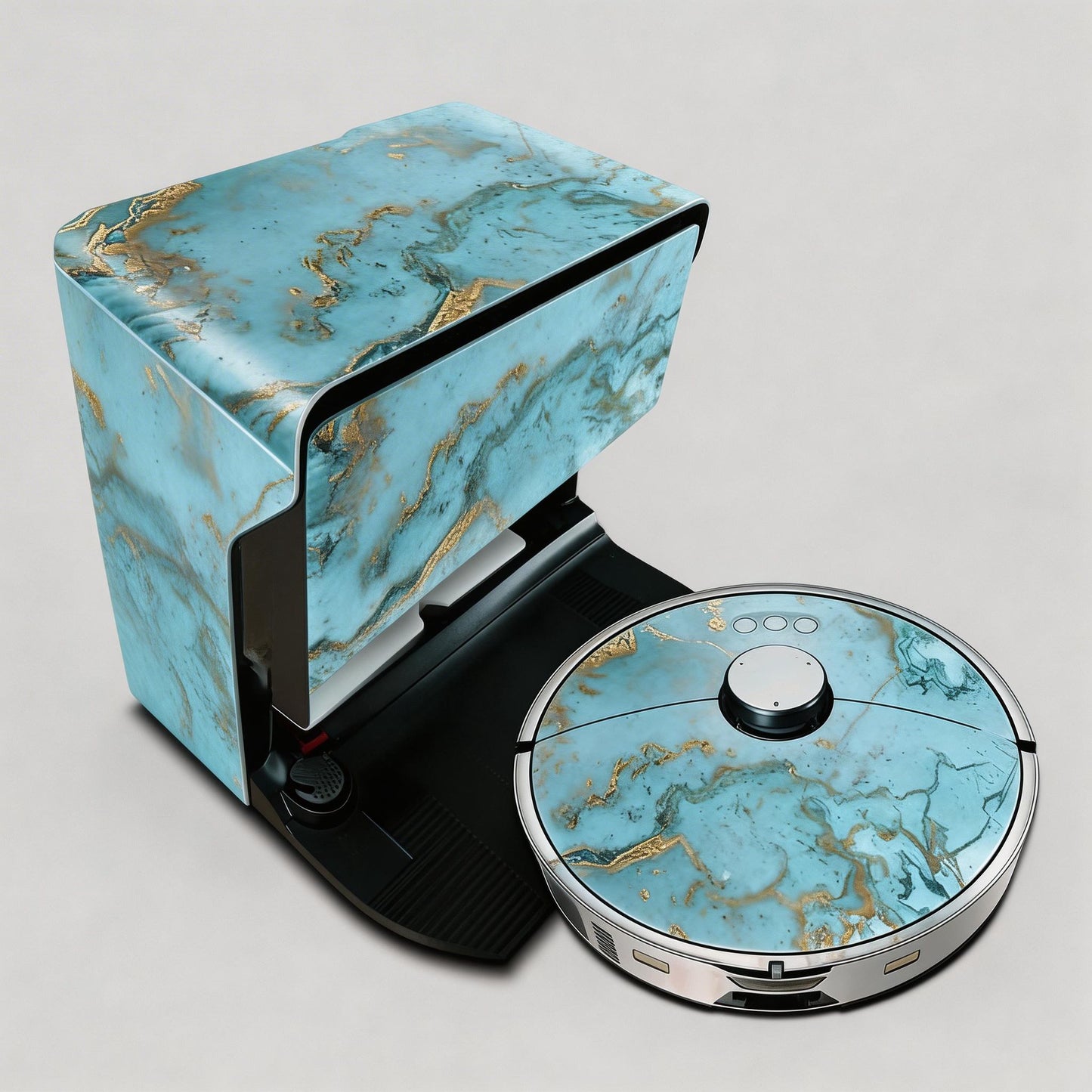 Robotic vacuum cleaner with blue marble design on a gray background