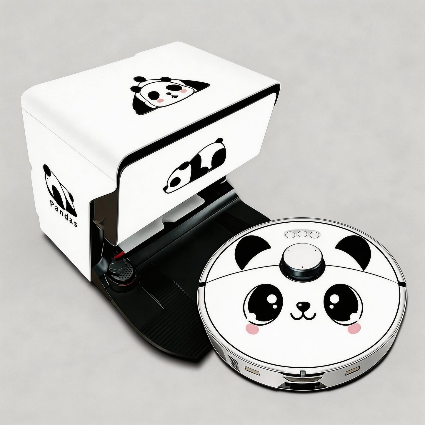 Panda-themed robot vacuum cleaner with matching box on a gray background