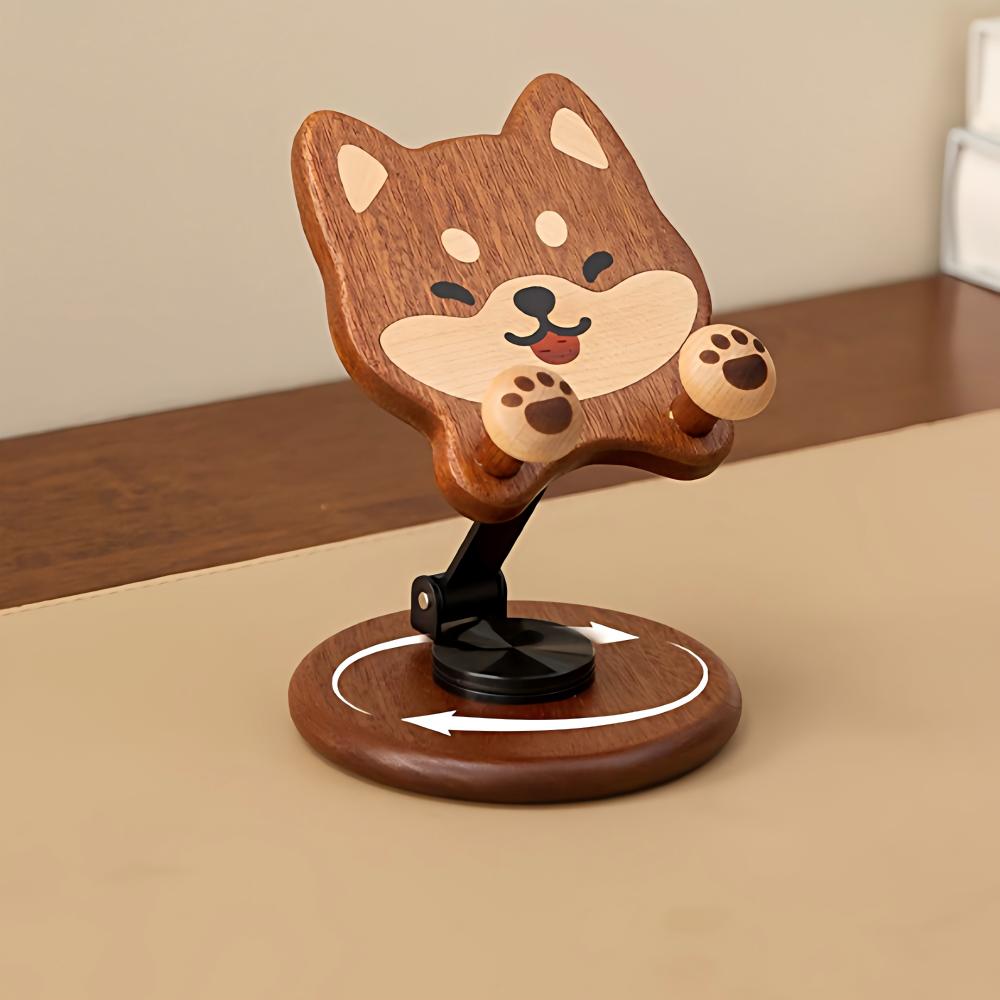 Cute Animal Wooden Phone Stand | Shiba Inu & Totoro | 360° Rotating Holder